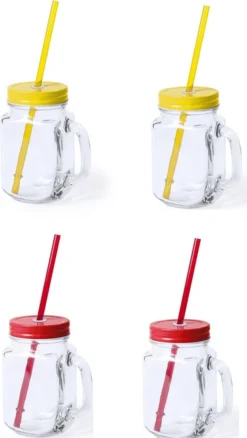 4x Gobelets En Verre Mason Jar Avec Bouchon Et Paille 500 Ml - 2x Jaune / 2x Rouge - Verrouillable / Pas De Fuite / Fruits Secoue