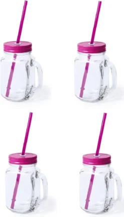 4x Pcs Verres Mason Jar Tasses à Boire Bouchon Rose Et Paille 500 Ml - Scellable / Non-fuite / Fruits Secoue