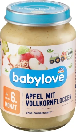 Babylove Repas Bébé 8+ Mois - Fruits Et Céréales Pomme Avec Flocons Complets - Qualité 100% Bio -190g