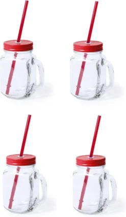 8x Pcs Verres Mason Jar Tasses à Boire Bouchon Rouge Et Paille 500 Ml - Scellable / Non étanche / Fruits Secoue