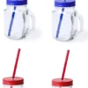 4x Gobelets En Verre Mason Jar Avec Bouchon Et Paille 500 Ml - 2x Bleu / 2x Rouge - Verrouillable / Pas De Fuite / Fruits Secoue