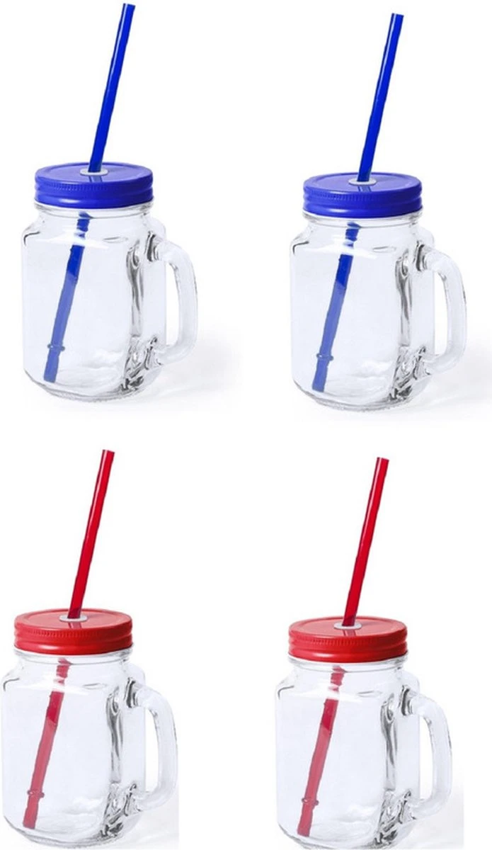 4x Gobelets En Verre Mason Jar Avec Bouchon Et Paille 500 Ml - 2x Bleu / 2x Rouge - Verrouillable / Pas De Fuite / Fruits Secoue 1 4x Gobelets En Verre Mason Jar Avec Bouchon Et Paille 500 Ml - 2x Bleu / 2x Rouge - Verrouillable / Pas De Fuite / Fruits Secoue