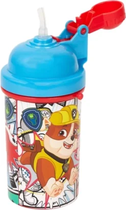 Flip Top Drinking Cup Gourde Paw Patrol Avec Paille Et Cordon Pratique 2 Go - Rouge / Blauw - Plastique - 400 Ml - Gourde - Gourde - Gourde