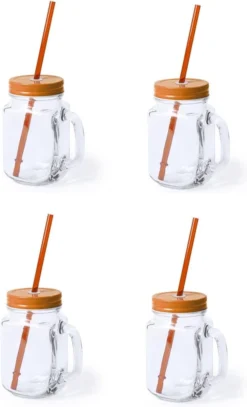 4x Pcs Verres Mason Jar Tasses à Boire Bouchon Orange Et Paille 500 Ml - Scellable / Non-fuite / Fruits Secoue