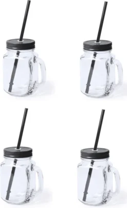 4x Pcs Verres Mason Jar Tasses à Boire Bouchon Noir Et Paille 500 Ml - Scellable / Non-fuite / Fruits Secoue