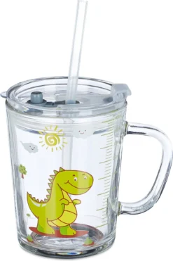 Relaxdays 4x Verres Pour Enfants Avec Paille Et Couvercle -- Imprimé Dinosaure - Avec Anse -Bébé Soldes Boutique 798x1200 4