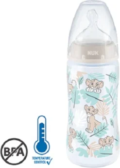 NUK | Disney | PremierChoix+ | Biberon | 6-18 Mois | Taille M | Contrôle De La Température | Ventilation Anti-coliques | 300 Ml | Sans BPA | Thé En Silicone | King Lion 6-18 Mois