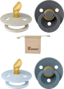 Blisters Bibs Sucettes Anatomique 0-6 Mois| Set 4 Pièces| Sable, Fer, Bleu Ciel, Pétrole| + Etui Tétine Monkiezz| Orthodontique| Anatomiquement| Taille 1