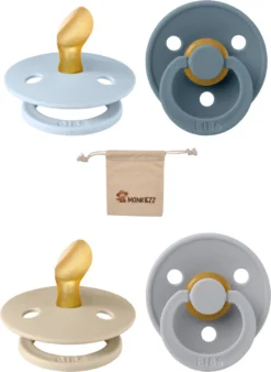 Bibs Sucettes Dental Anatomique 0-6 Mois- Set 4 Pièces- Blue Bébé , Petrol, Nuage , Vanille - + Etui Tétine Monkiezz - Orthodontique- Anatomique- Taille 1