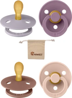 Ampoules Bavoirs Sucettes Symétrique 0-6 Mois| Set 4 Pièces| Mauve, Gris Fossile, Marmotte, Blush à Joues| + Etui Tétine Monkiezz| Symétrique| Taille 1