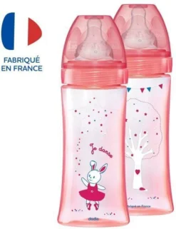 DODIE Lot De 2 Biberons Anti-coliques Initiation + - 330ml - ROSE DANCER - Tétines Rondes 3 Vitesses Débit 3