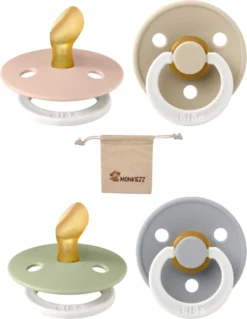 Bibs Sucettes Dental Anatomique 0-6 Mois- Set 4 Pièces- Glow In The Dark Blush, Vanille, Sage, Nuage - + Etui Tétine Monkiezz - Orthodontique- Anatomique- Taille 1