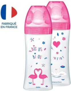 DODIE Box X2 Biberons Sensation + 330 Ml FUSHIA CYGNES - +6 Mois - Tétine Plate - Flow 3