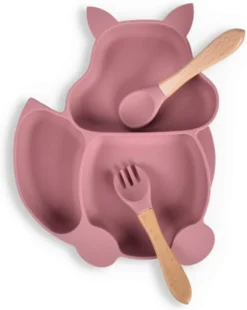 Assiette Bébé Pour Bébé, Service De Table, Mini Napperon En Silicone Pour Assiette Bébé, Antidérapant, Assiette Bébé Avec Ventouse, Assiette Enfant Avec Ventouse, Sans BPA (écureuil Rose)