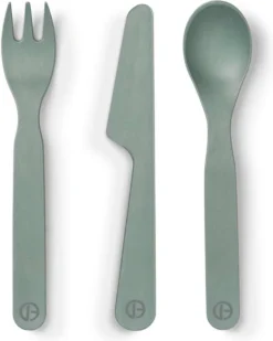Couverts Elodie Bébé - Couteau, Fourchette Et Cuillère - Pour Bébé Et Enfant - Couverts Pour Enfants - Pebble Vert