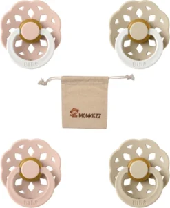 BIBS Bohème Ensemble Sucette | Taille 1 0-6 Mois | Set 4 Pièces + Etui Tétine MONKIEZZ® | Glow In The Dark Blush, Glow In The Dark Vanille, Blush, Vanille